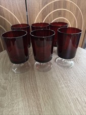 6 Vintage Water Glasses Luminarc Arcoroc France Ruby Red Clear Stem picture