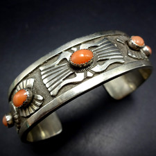 Vintage Navajo RICK MARTINEZ Sterling Silver OLD RED MEDITER CORAL Cuff BRACELET picture