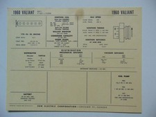 Sun Electric Corp 1960 Valiant 6 Cylinder Tune-Up Card picture