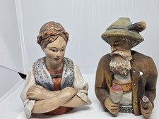 Vintage Jobin Switzerland Man Pipe Woman Scarf Wood Grain carved Busts picture