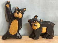 2 Pc Vintage Teddy Bear Hand Carved Solid Wood - Very Arts & Craft Style 6.5” picture