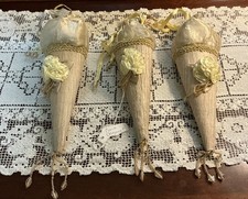 Lot Of 3 Handmade Victorian Cone Ornaments Embellished Silk Rosette Roses & Lace picture