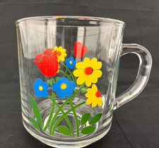 4 Vtg 1970s  Luminarc Floral Glass Mugs 10 oz Red Yellow Blue Flower Garden picture
