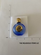 Holy Water Bottle-blue glass-pressed motif of Madonna-brass picture