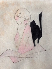 Antique 1920s Art Deco Hand Painted Silk Vanity Mat Flapper & Black Cat Padded picture