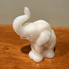 Fenton Art Glass Iridescent White Porcelain Elephant Figurine with Trunk Up USA picture