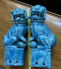 Pair Chinese Blue Glazed Foo Dog Guardian Lion Figurine Statues picture