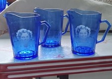 Cobalt Blue Glass Pitchers ~~SHIRLEY TEMPLE 4.5 in.~~ Lot of 3 picture