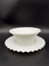 Vintage Westmoreland English Hobnail Milk Glass Bowl and Plate Set Scalloped Rim picture