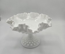 Fenton Hobnail White Ruffled Edge Milk Glass Pedestal Compote Bowl Candy Dish 8” picture
