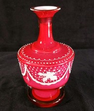 Handpainted Antique Victorian Cased Glass Vase Rose Red WWhite 6 Inches EXC picture