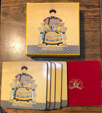 Shanghai Tang Yellow Gold Coasters Imperial Emperor Throne Box Set Six Felt Back picture