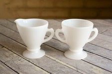 Vintage HAZEL ATLAS Ovide Platonite White Creamer Pitcher and Sugar Bowl Set EUC picture