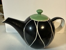Hues N Brews Black And White Tea or  Coffee  pot Green Lid Ceramic Teapot Nice picture