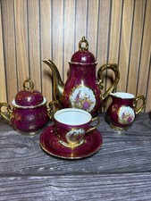 Vintage KPM Japan Fragonard Courting Couple Tea Set Maroon Gold 15pc - EXCELLENT picture