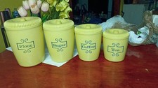 Vintage 1970s Yellow Plastic Canister Set Flour Sugar Coffee Tea 4pc Retro picture
