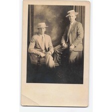 RPPC c1910 Two Men Boater Hats Suits Studio Portrait Real Photo Postcard AZO picture