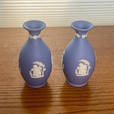 Vintage 1950s Wedgwood Jasperware Blue Bud Vases Pair Greeks/Romans Dancing picture