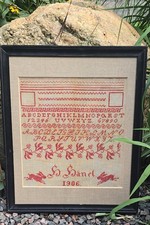 Antique 1906 Needlework Sampler Framed Redwork Alphabet Animals H. Hänel Framed picture