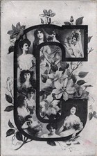 Antique G Monogram Initial Postcard w/ 8 Women Portraits & Clematis Flowers picture