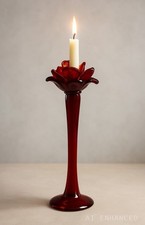Red Rose Art Glass Candlestick w/ Hand-Pulled Cadmium UV Glow Petals - 16in Tall picture
