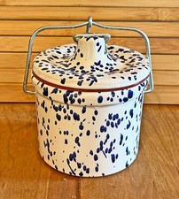 Blue Speckled Stoneware Butter Cheese Crock Bail Lid & Gasket 1 Pint 16 ozs. picture