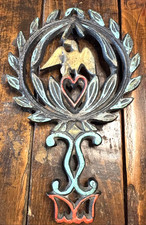 Vintage Trivet Cast Iron Painted W/Eagle/Heart/Leaves 8.25” x 5.25” x .75” picture