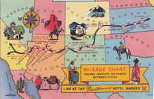 Vintage illustrated postcard - Fred Harvey Hotels mileage chart - Clever, useful picture