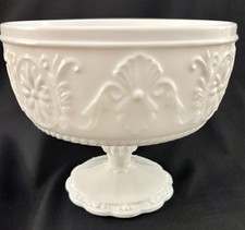 Indiana Milk Glass White Pedestal Compote Bowl with Ornate Design 3762B picture