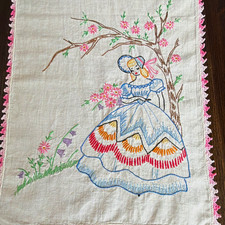 Vintage Hand Embroidered Southern Belle Dresser Scarf 35” Double Sided picture