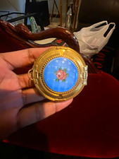 Evans Vintage Gold-Tone Powder Compact Blue Enamel Top Pink Rose Mirror picture