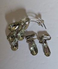 Clear Vintage Gemstone And Silver Tone Clip Style Earrings And Matching Brooch picture