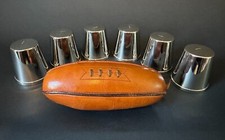 VERY RARE MINT HENCKELS LEATHER FOOTBALL W/6 CHROMIUM TRAVEL COCKTAIL CUPS 1930  picture