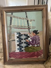 Vintage Professionally Framed Needlepoint Artwork Native American Woman Weaving picture