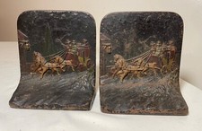 rare pair 2 antique horse carriage buggy figural cold painted cast iron bookends picture