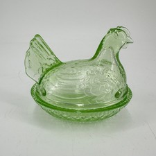Vintage Green Uranium Glass Hen on Nest Covered Dish UV Glow Basketweave MCM picture