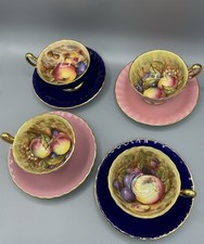 4x Aynsley Orchard Tea Cup & Saucer Sets, Pink & Royal Blue Gold Rim picture