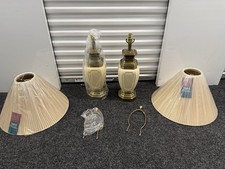 Vintage STIFFEL Cream Porcelain & Brass Table Lamp PAIR w/ Original Shades picture