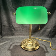 Vintage Bankers Desk Lamp Green Glass Shade Brass Tone Pull Chain Working picture