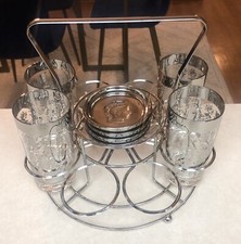Kimiko Silver Guardian Shield Bar Set Caddy 4 Glasses & 4 Coasters Mid Century picture
