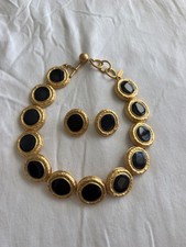 Vintage Talbots Black Cabochon Gold Tone Collar Necklace Earring Set 1980s 90s picture