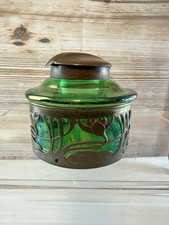 ANTIQUE 1900s GREEN IRIDESCENT ART GLASS INKWELL WITH INSERT ART NOUVEAU STYLE picture