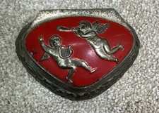 Vintage Silver Plated Red Enamel Trinket Box Cherubs Made In Japan mid- 20th picture