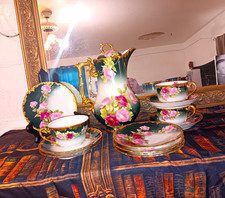 Antique T&V Limoges France Porcelain Chocolate Tea Set Signed Vogt Grn Rose 12pc picture