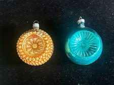 2 Vintage 1930s Heidt Floral Indent Christmas Bulb Ornaments Gold & Teal Scarce picture