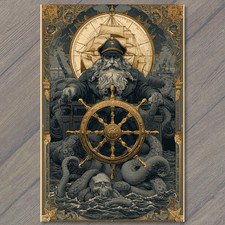 POSTCARD Sea Captain At Helm Golden Wheel Kraken Tentacles Nautical Storm Skull picture