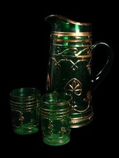 Antique Dugan Glass EAPG Emerald Green & Gold Pitcher w/ 2 Glasses - RARE (R) picture