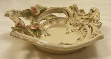 Vintage Porcelain Nut Candy Bowl Pierced Handle Applied Roses Gold Trim 21-b picture