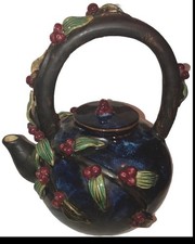 Large nice Majolica Pottery Blue ￼Glazed Tea Pot Kettle Red Berries & Vines picture