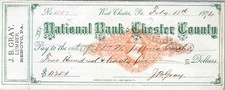 1874 J.B. Gray Lumber Check Pa. Natl Bank Chester Co. $425 Jefferson Stamp picture